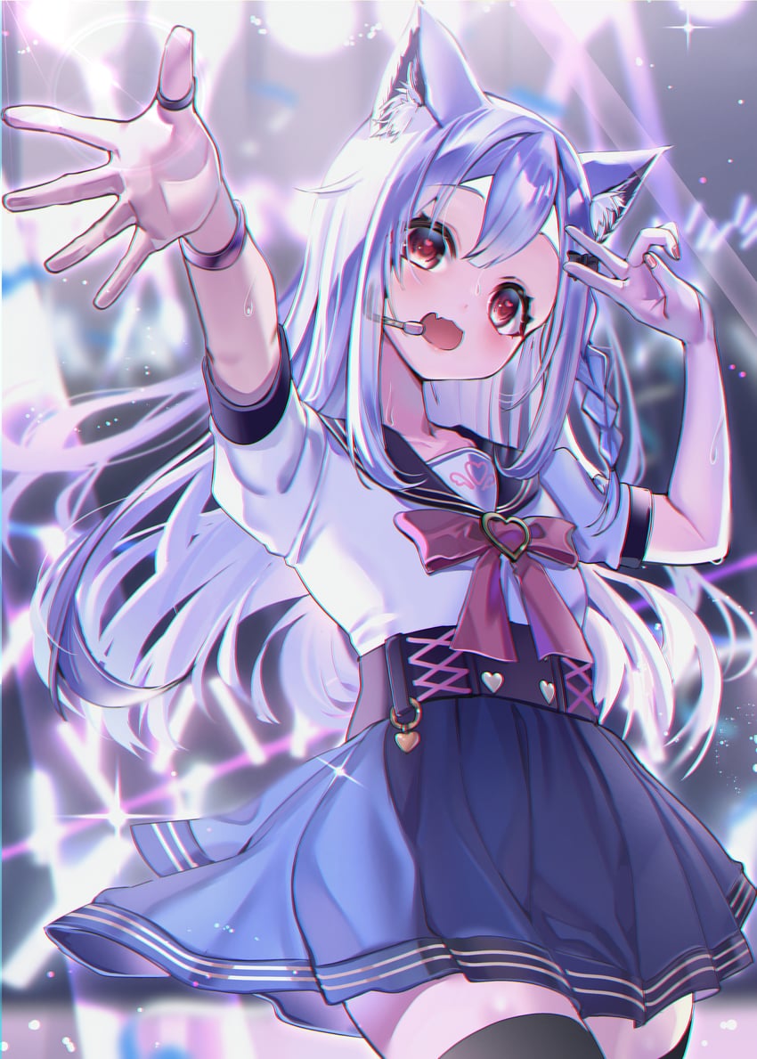 二次元插画 1名女孩 兽耳毛 兽耳 黑色蝴蝶结 黑色水手领