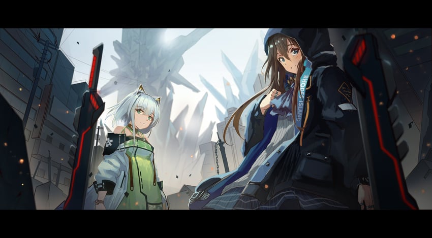 明日方舟、阿米娅 (明日方舟)、凯尔希 (明日方舟) 2名女孩 兽耳毛 兽耳 阿斯科特领巾 露肩