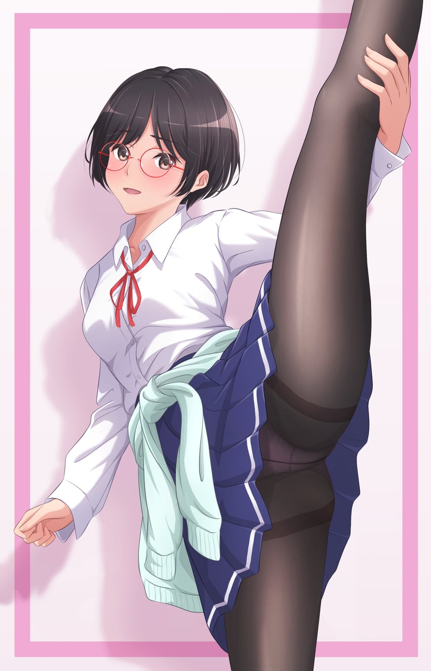 原创 1名女孩 黑瞳 黑发 黑色连裤袜 脸红