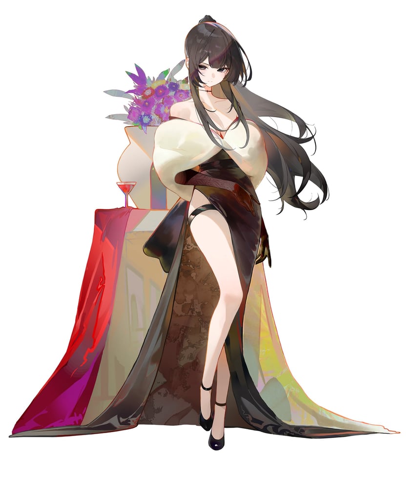 二次元插画 1名女孩 露肩 黑发 乳房 乳沟