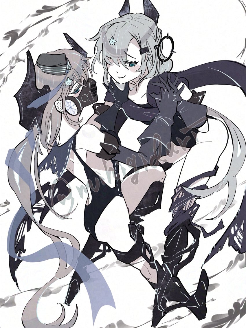 舰队Collection、submarine seerfish water demon、潜水鲨水鬼 2名女孩 深海栖舰 露背泳装 黑色手套 黑帽子