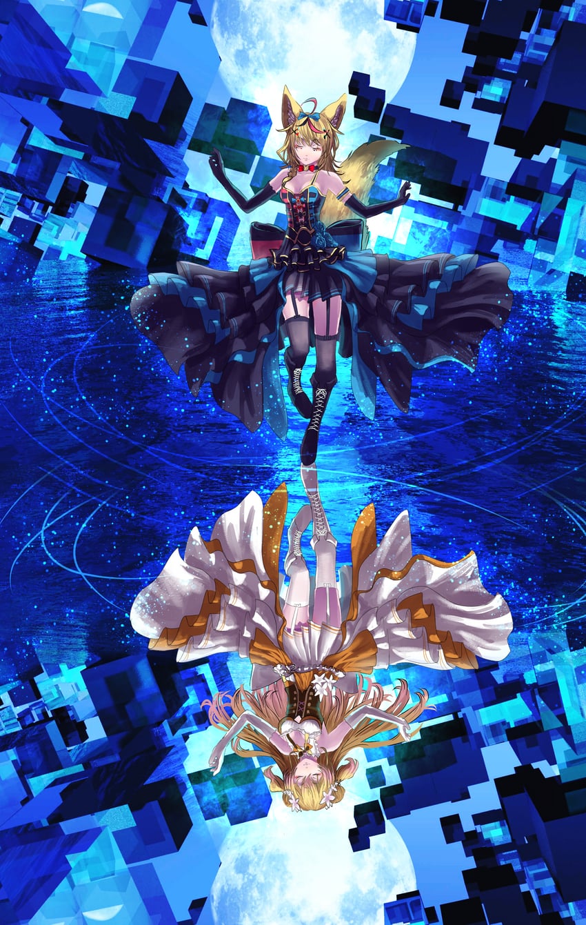 Hololive、桃铃音音、尾丸波尔卡 2名女孩 兽耳毛 兽耳 露肩 黑色靴子