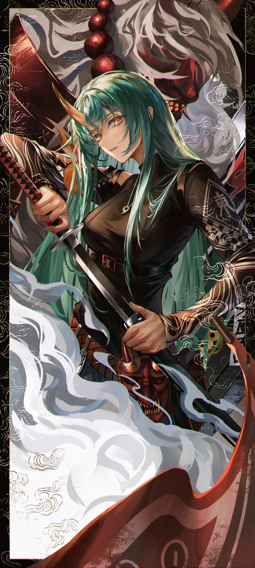 明日方舟、星熊 (明日方舟)、星熊 (浪客) (明日方舟) 1名女孩 珠子 黑衬衫 乳房 拔剑