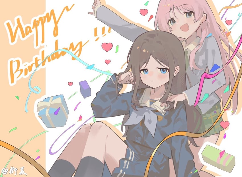 BanG Dream!、Bang Dream! It's MyGO!!!!!、千早爱音 2名女孩 举手 黑袜 蓝眼 蓝色衬衫