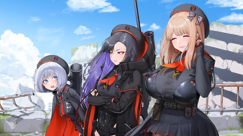 胜利女神：妮姬、艾玛、恩华 (胜利女神：妮姬) 3人女子 绝境 (妮姬) 贝雷帽 黑发 黑帽子