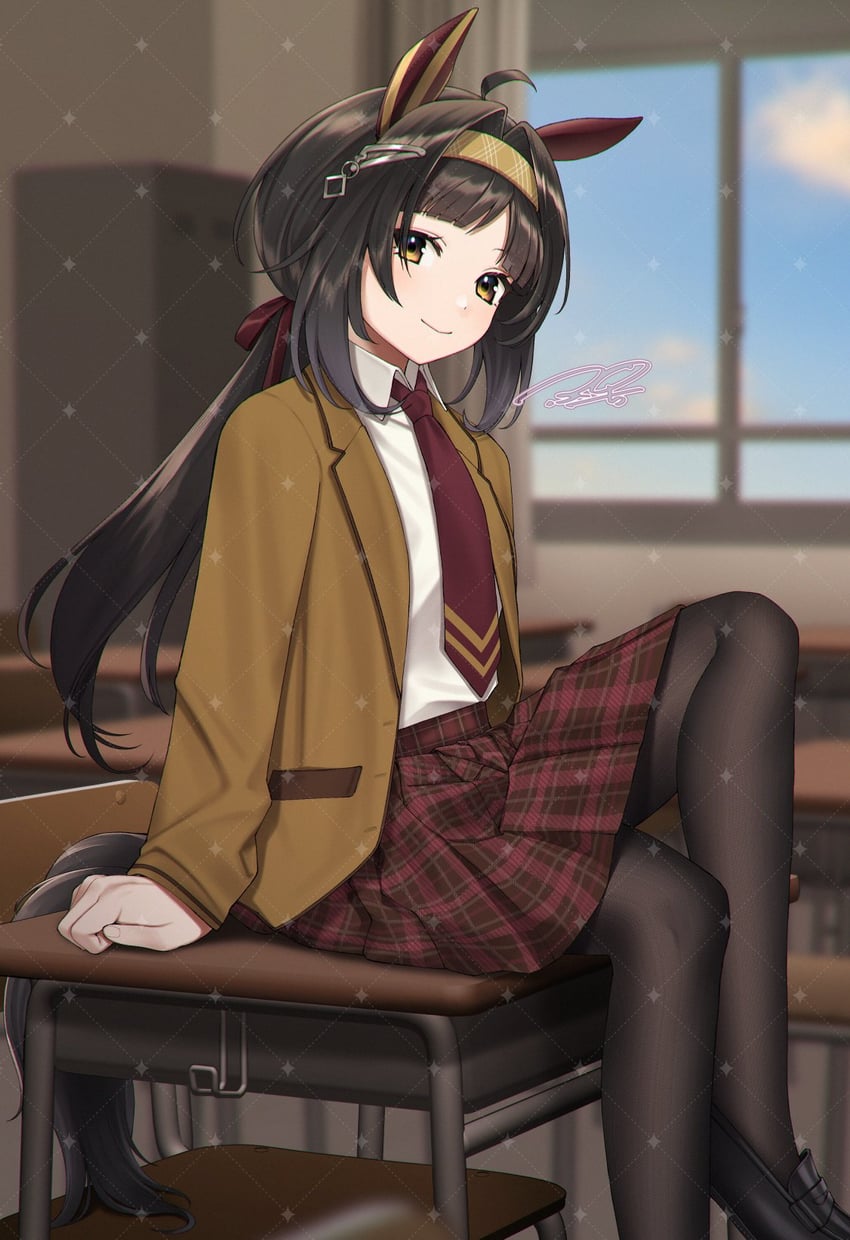 赛马娘、标志字体 (赛马娘) 1名女孩 呆毛 兽耳 黑发 黑色连裤袜