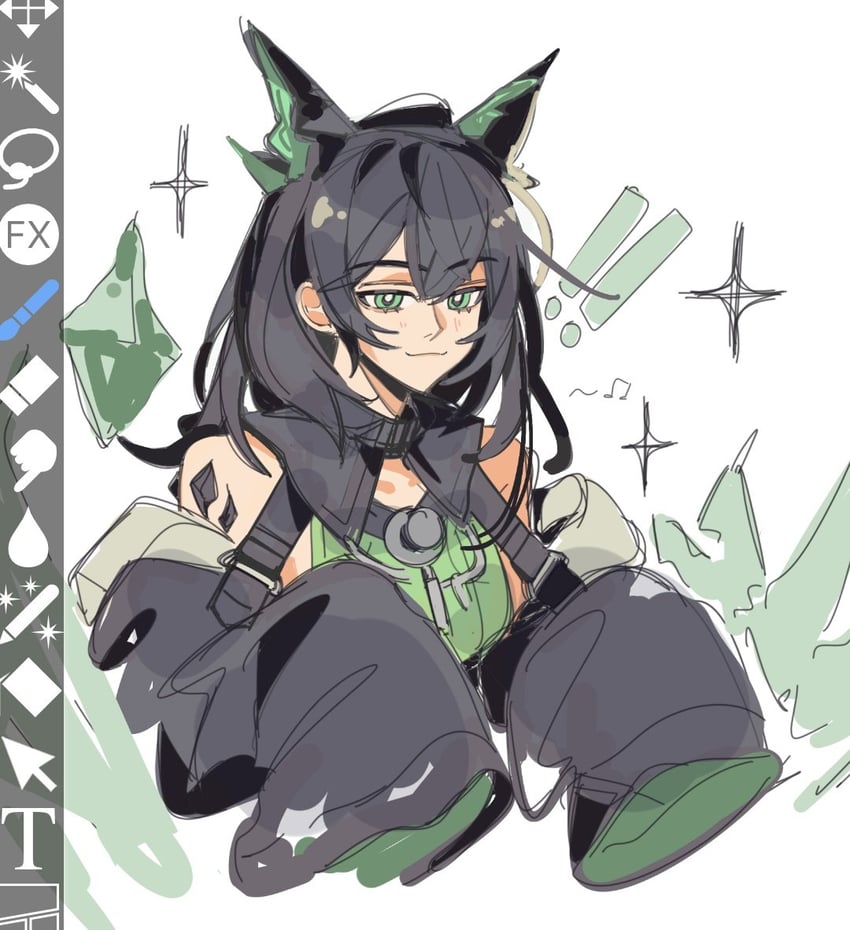 明日方舟、Mon3tr (明日方舟) 1名女孩 猫脸笑 画框中的绘图软件 露肩 连杠八分音符
