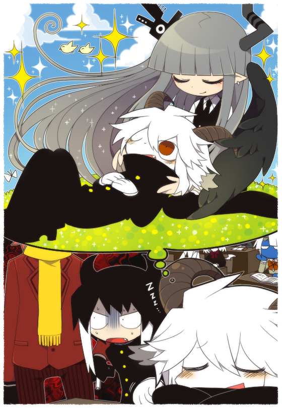 海底囚人、albino (funamusea)、chikemuri (funamusea) 鸟 黑发 蓝天 教室 闭眼