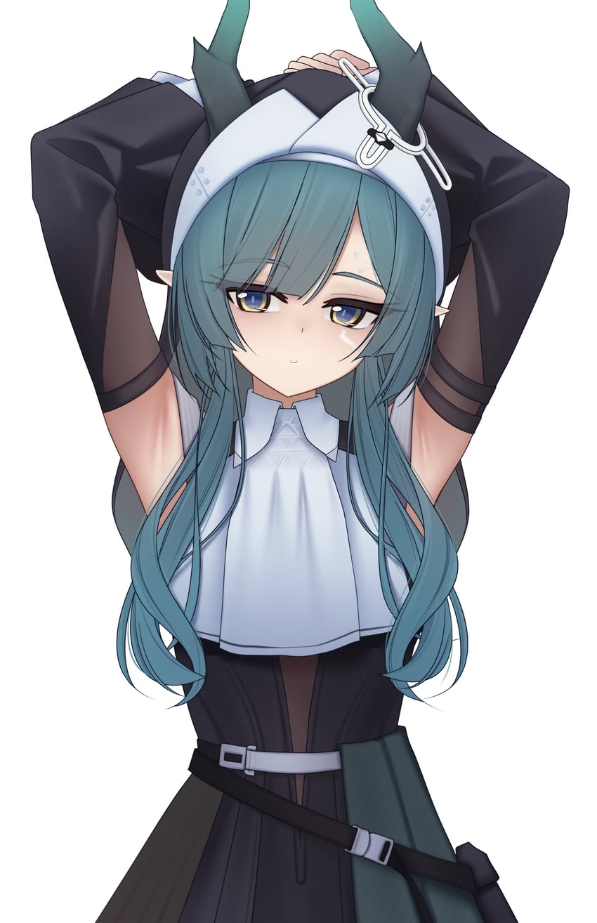 明日方舟、明日方舟：终末地、塞赫 (明日方舟) 1名女孩 露肩 腰包 黑面纱 蓝眼