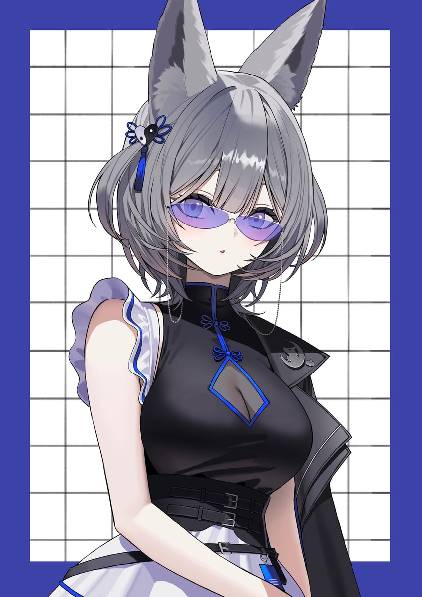 原创 1名女孩 兽耳 黑色披肩 黑色紧身胸衣 黑衬衫