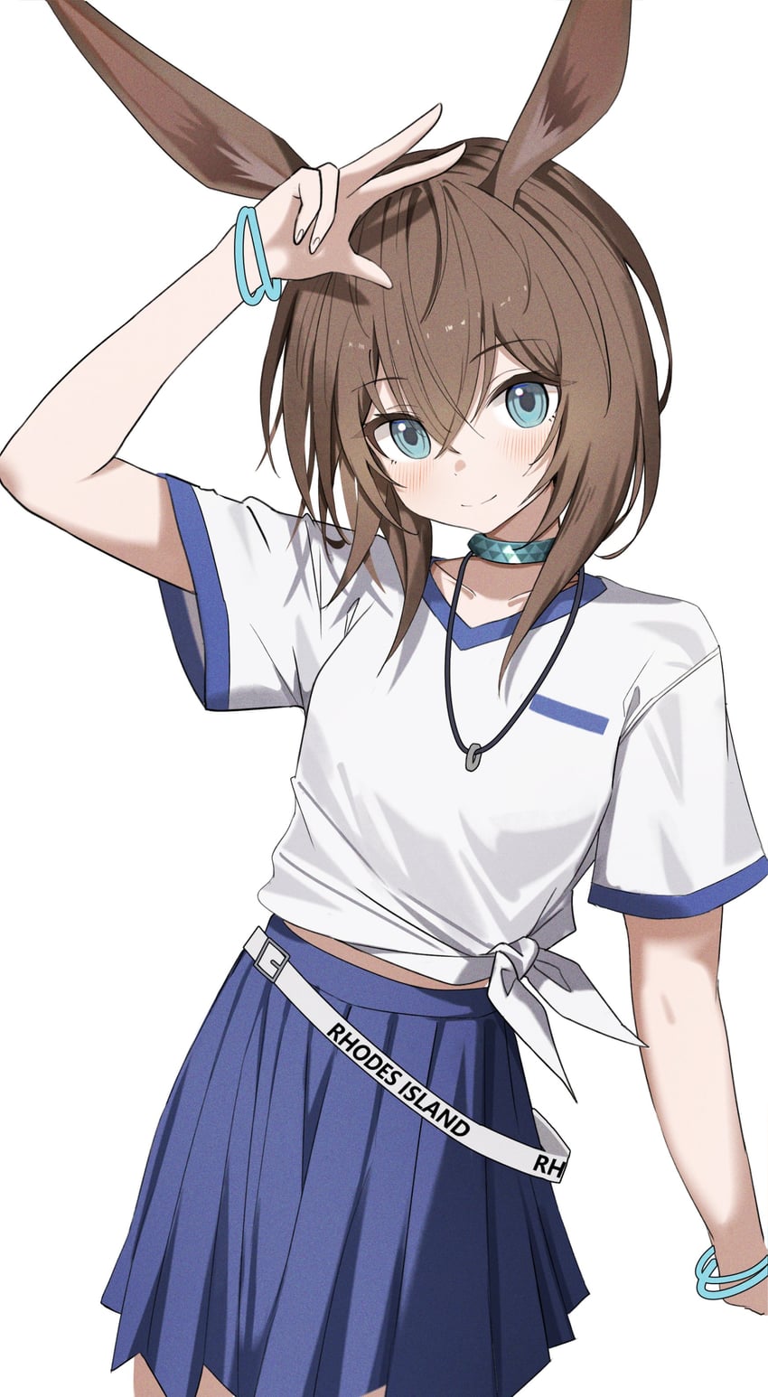 明日方舟、阿米娅 (明日方舟) 1名女孩 发型长度变动 (更短) 蓝眼 蓝裙子 脸红