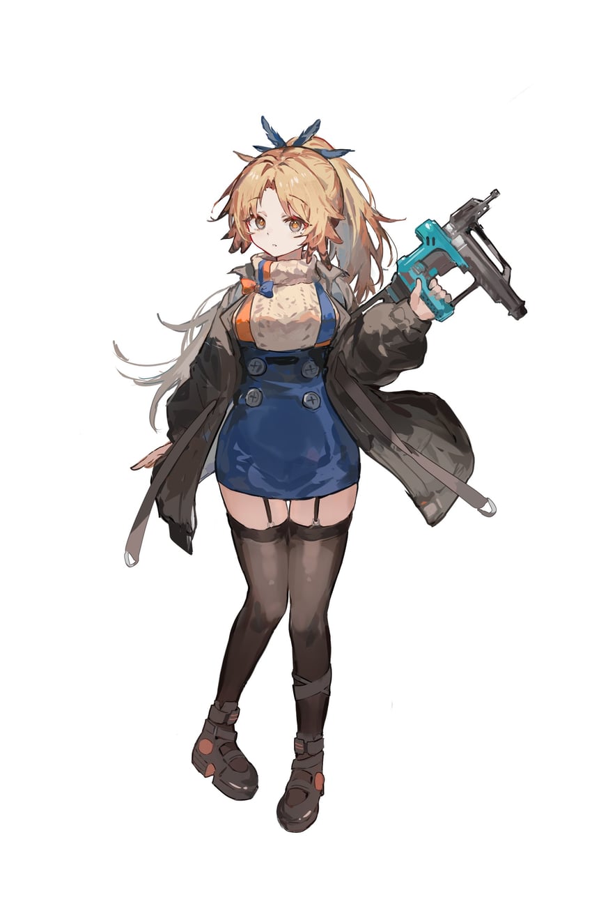 明日方舟、松果 (明日方舟) 1名女孩 艾兰毛衣 黑色夹克 黑鞋 黑色过膝袜