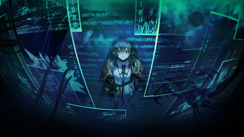 明日方舟、可露希尔 (明日方舟) 1名女孩 蓝色主题 闭嘴 暗室 英文文本