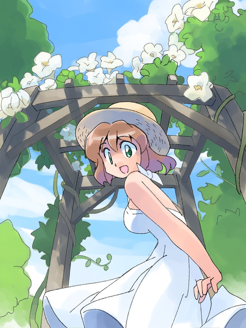 原创 1名女孩 露肩 蓝天 乳房 棕发