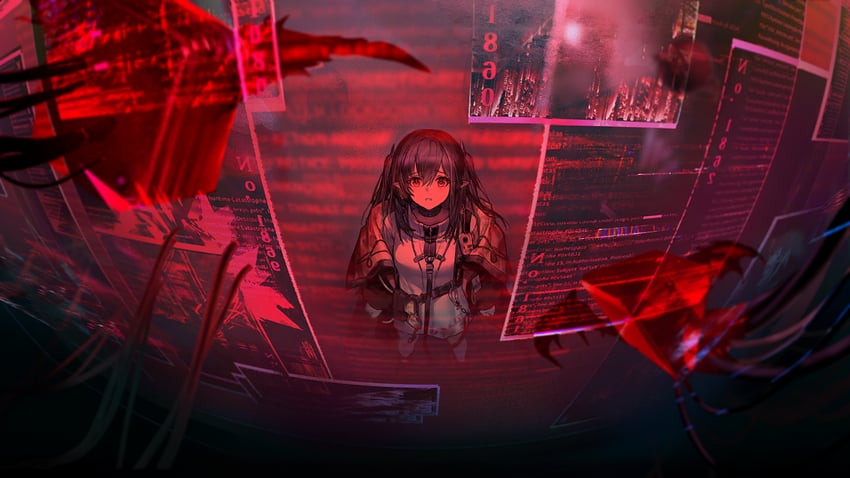 明日方舟、可露希尔 (明日方舟) 1名女孩 手放在身体两侧 闭嘴 暗室 英文文本
