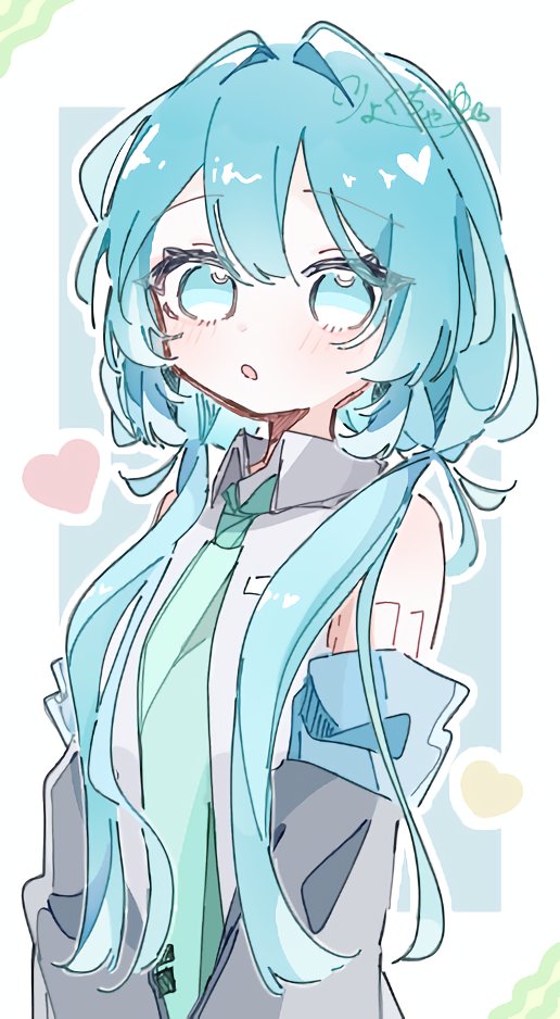 VOCALOID、初音未来 1名女孩 露肩 蓝眼 蓝发 脸红