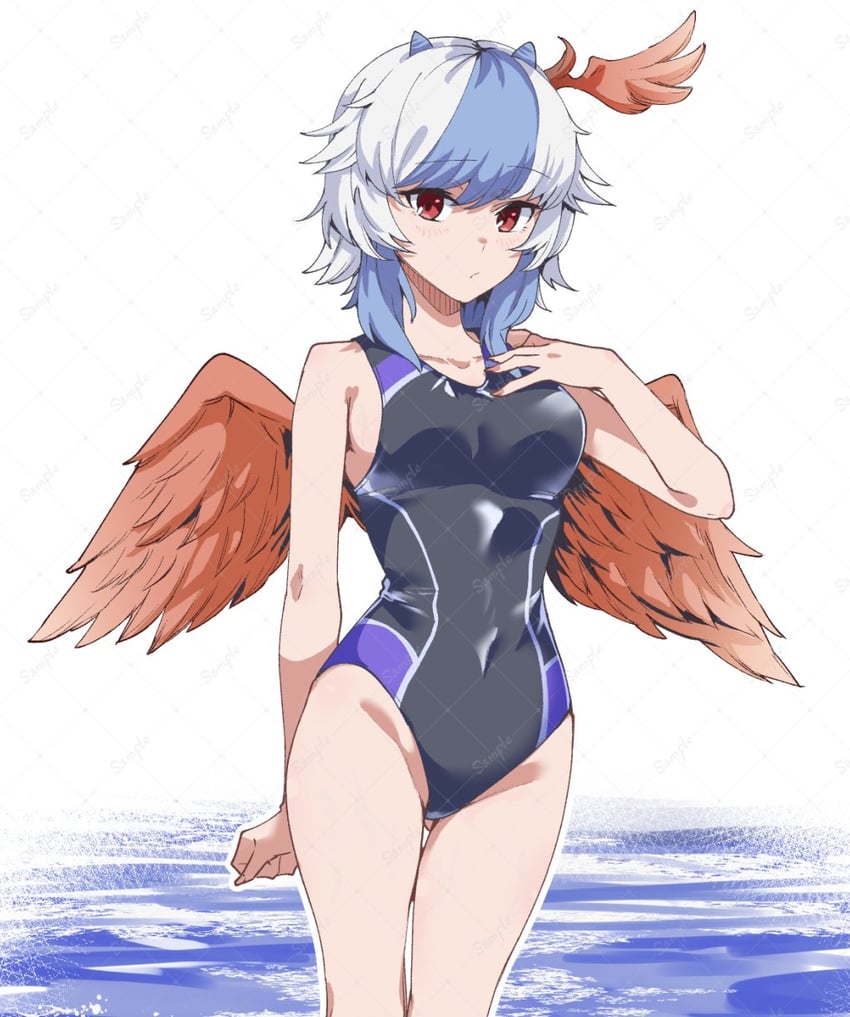 东方Project、朱鹭子 (东方Project) 1名女孩 替换服装 黑色连体泳衣 蓝发 乳房