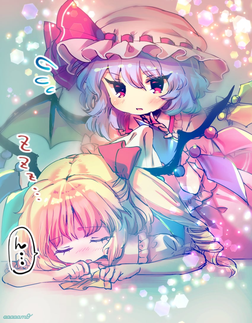 东方Project、芙兰朵露·斯卡蕾特、蕾米莉亚·斯卡蕾特 2名女孩 蝙蝠翅膀 金发 蓝眼 闭眼