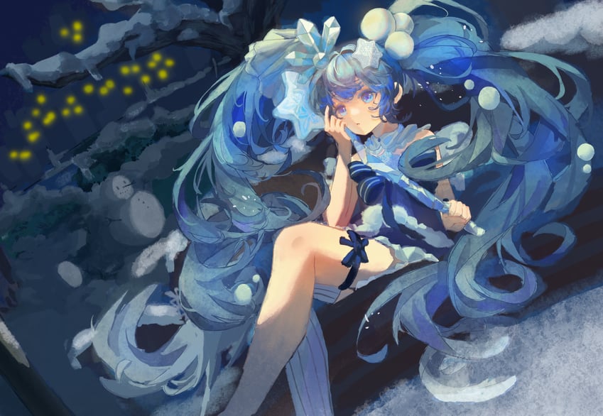 VOCALOID、初音未来、雪初音 1名女孩 荒谬的长发 裸臂 露肩 珠子