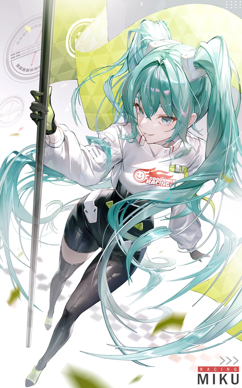 良笑社、Goodsmile Racing、VOCALOID 1名女孩 水色发 黑色连体衣 黑色手套 黑色过膝袜