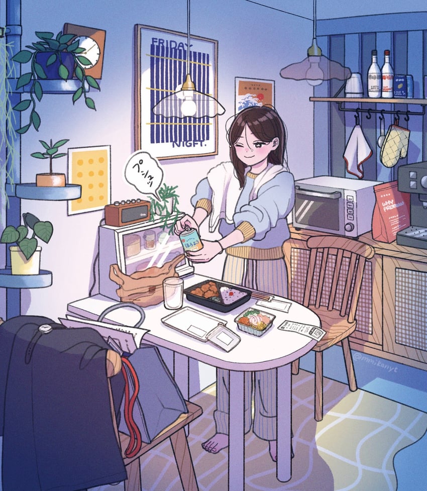 原创 1名女孩 包 赤脚 脸红 罐子