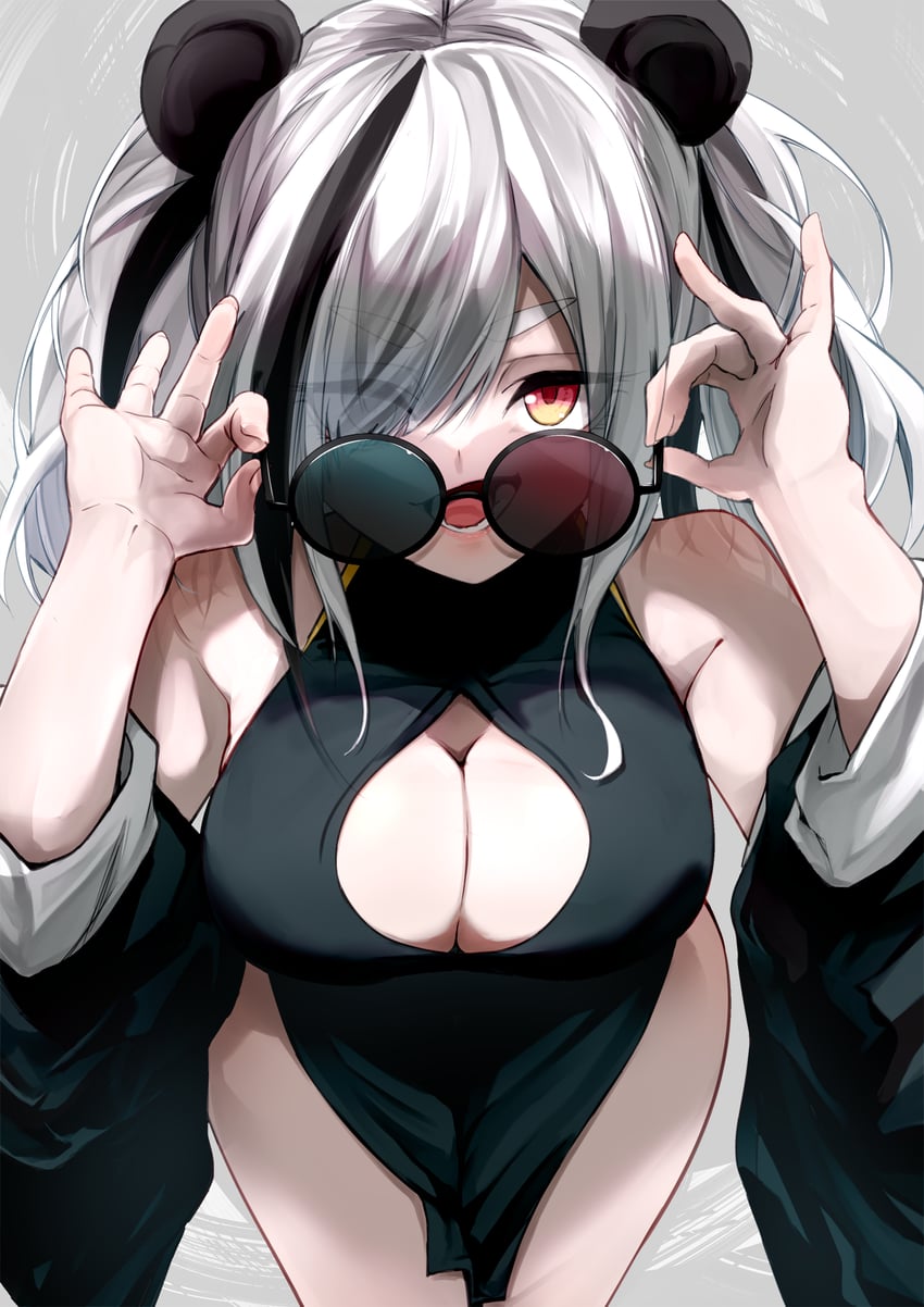 明日方舟、食铁兽 (明日方舟) 1名女孩 调整眼镜 兽耳 露肩 黑色连衣裙