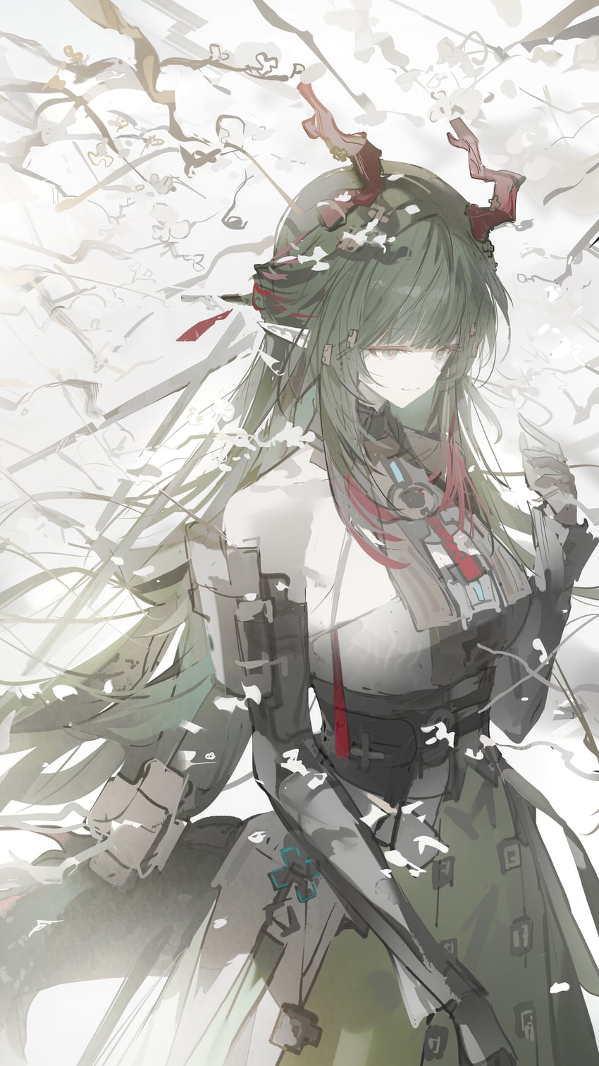 明日方舟、明日方舟：终末地、庄芳怡 (明日方舟) 1名女孩 露肩 黑色手套 黑发 乳房