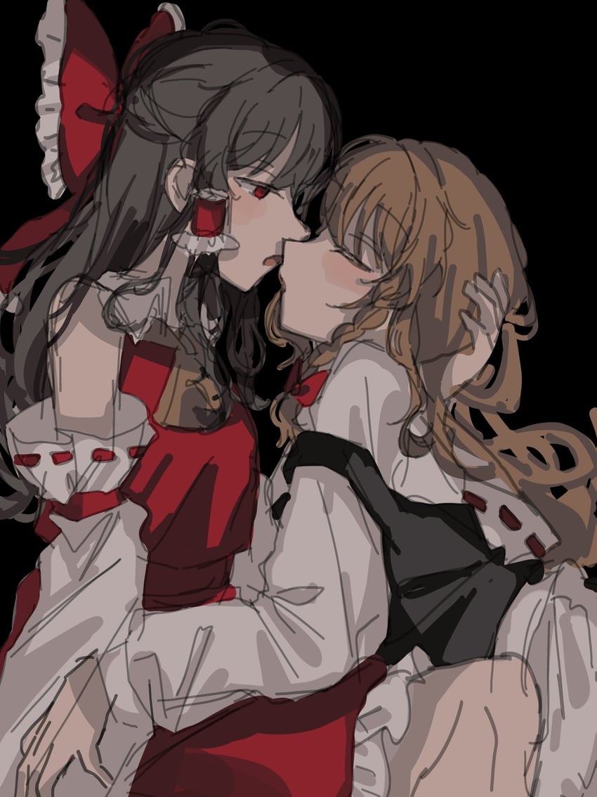 东方Project、博丽灵梦、雾雨魔理沙 2名女孩 围裙 阿斯科特领巾 黑色马甲 金发