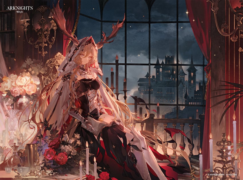 明日方舟、薇薇安娜 (明日方舟) 1名女孩 铠甲 黑色连衣裙 黑色过膝袜 金发