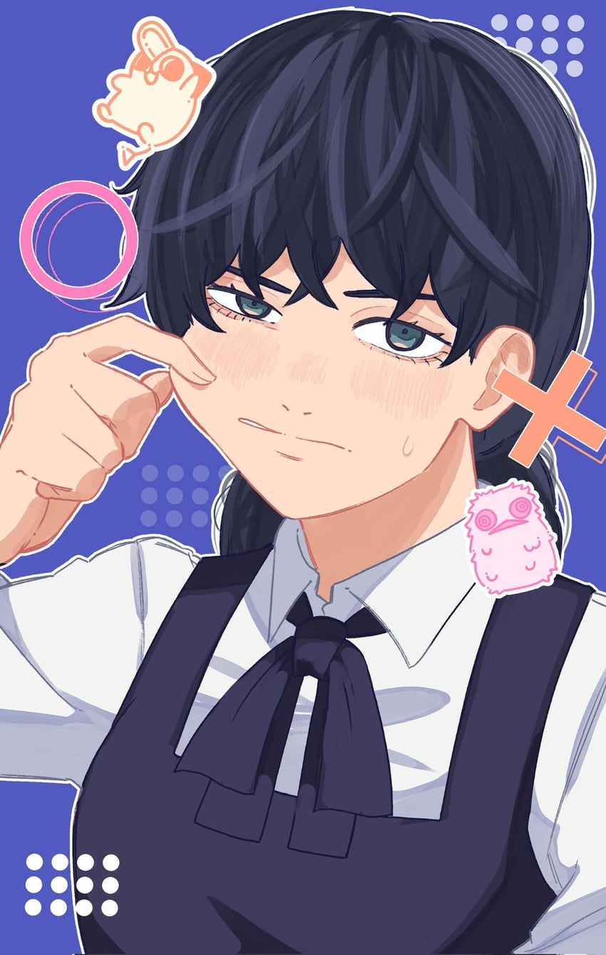 电锯人、三鹰亚沙、波奇塔 (电锯人) 1名女孩 黑发 黑色丝带 蓝眼 脸红