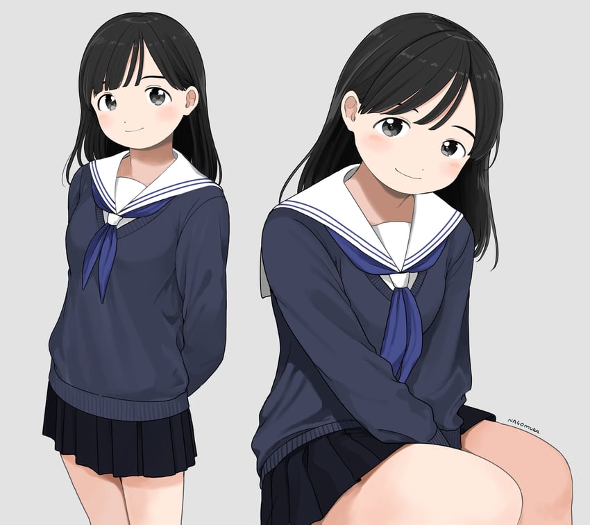 原创 1名女孩 双手背在身后 裸腿 黑发 黑色裙子