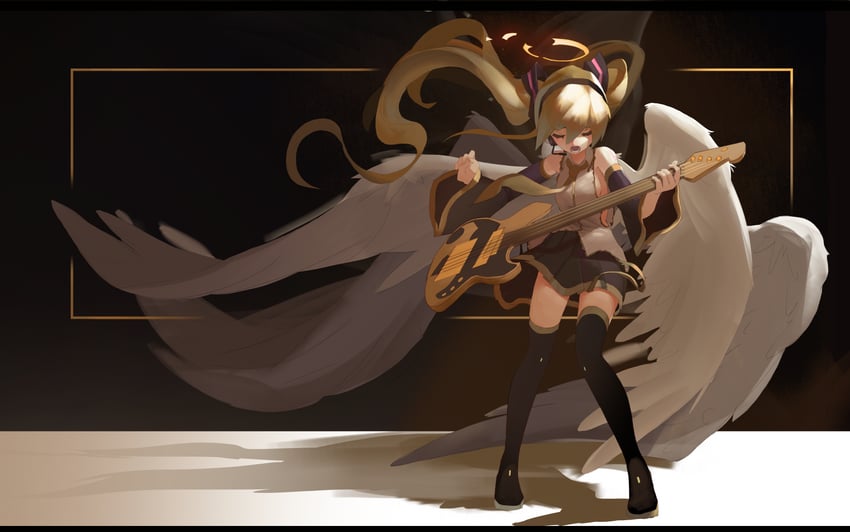 VOCALOID、初音未来 1名女孩 天使 天使翅膀 贝斯 黑色靴子