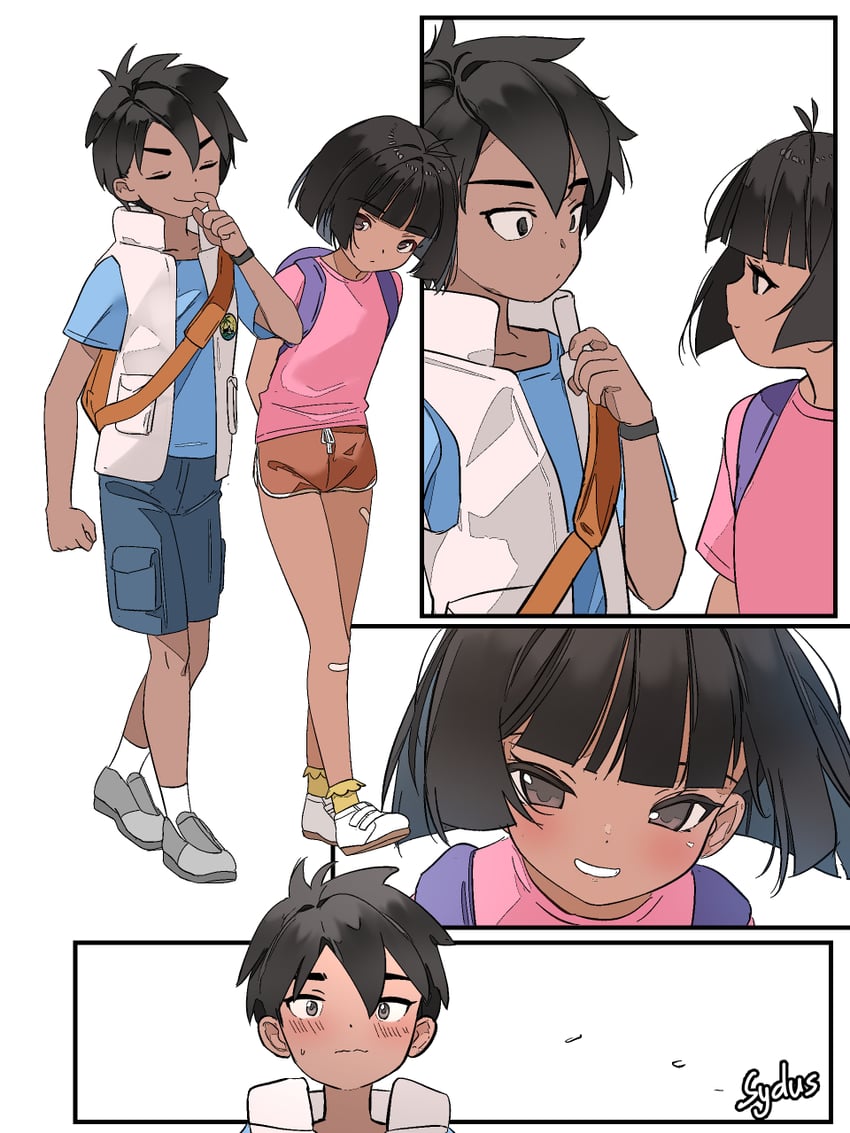 爱探险的朵拉、diego marquez、朵拉 1名男孩 1名女孩 双手背在身后 作者名 背包