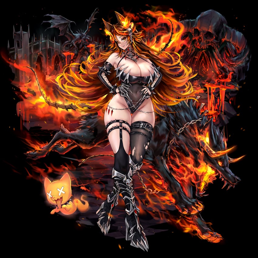 个人势虚拟主播、火焰幼犬 (Sinder)、Sinder（恶魔形态）（虚拟主播） 1名女孩 兽耳 不对称腿部穿着 黑色靴子 黑色紧身连体衣