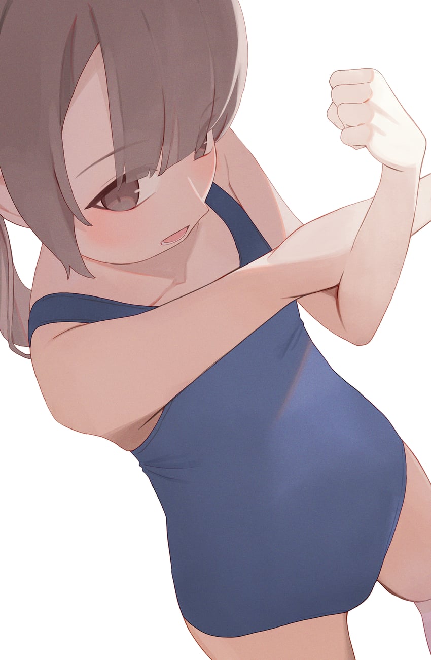 原创 1名女孩 蓝色连体泳衣 乳房 棕眼睛 棕发