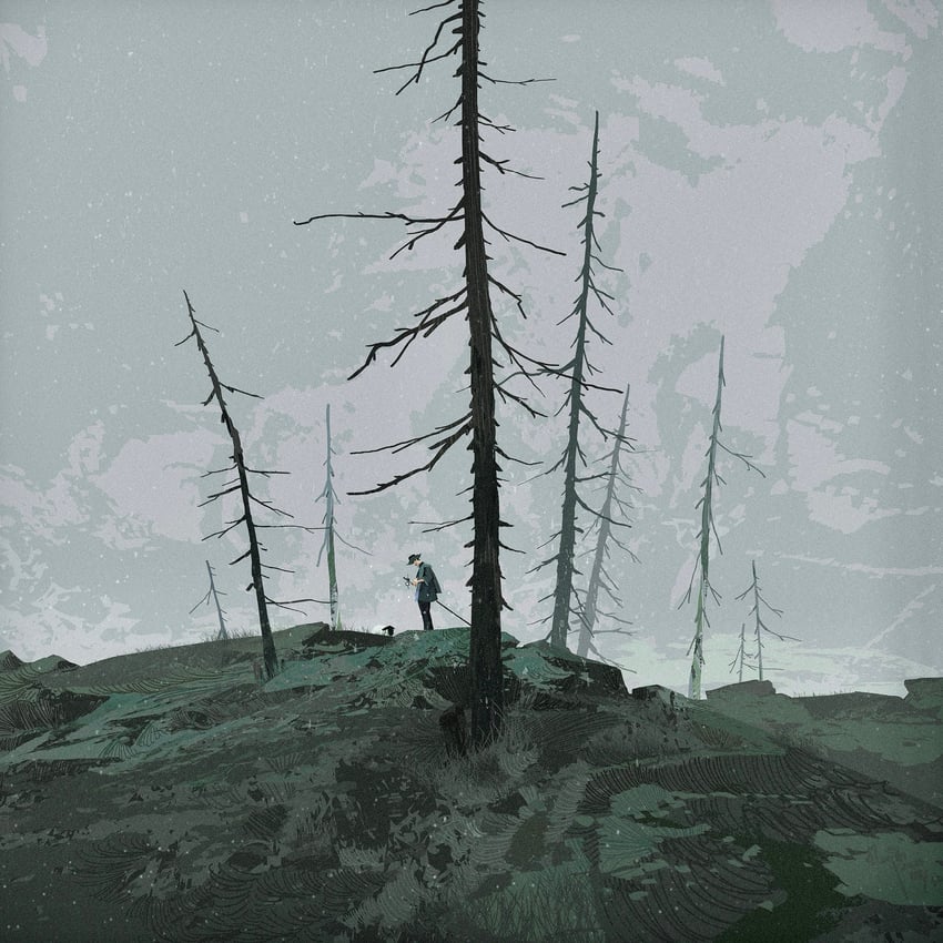 原创 1名男孩 枯树 黑裤子 灌木 手杖