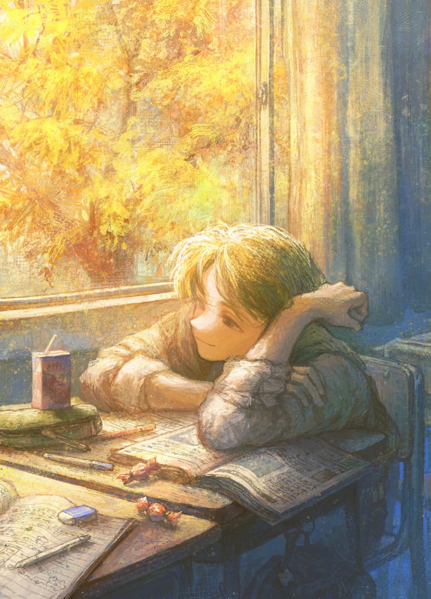 原创 1名男孩 苹果汁 扶手 胳膊放在桌上 金发