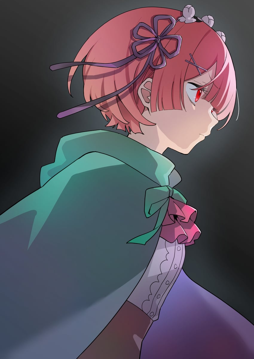 Re:从零开始的异世界生活、拉姆 (Re:Zero) 斗篷 暗色背景 荷叶边领巾 皱眉 绿色披风