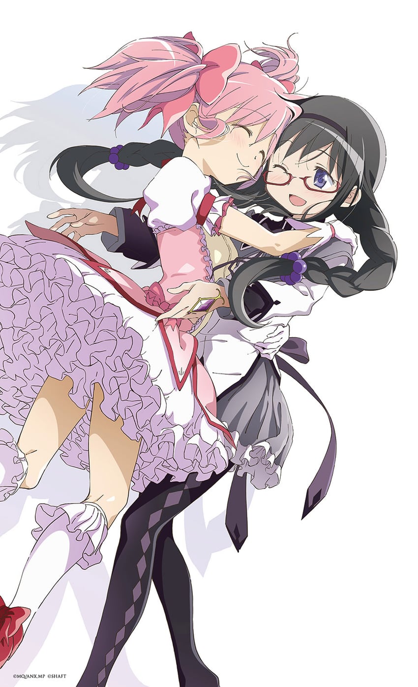 魔法少女小圆、晓美焰、晓美焰 (魔法少女) 2名女孩 菱格纹衣服 菱形格纹裤袜 后背蝴蝶结 黑发