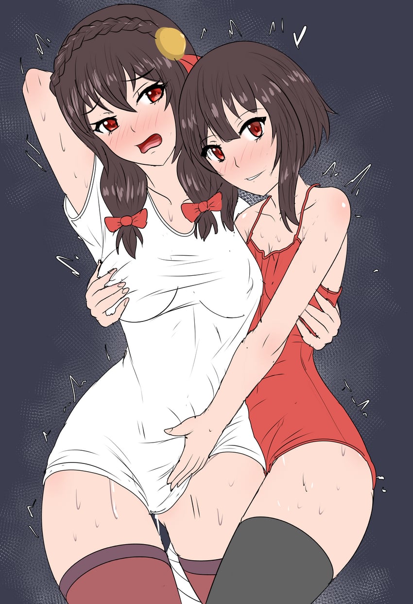 为美好的世界献上祝福！、惠惠、悠悠 (为美好的世界献上祝福) 2名女孩 举手 娃娃装睡衣 缠着绷带的腿 绷带