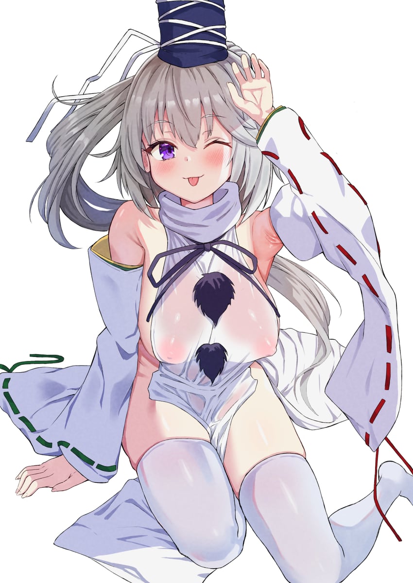 东方Project、物部布都 1名女孩 :p 吐舌头 举手 蓝帽子