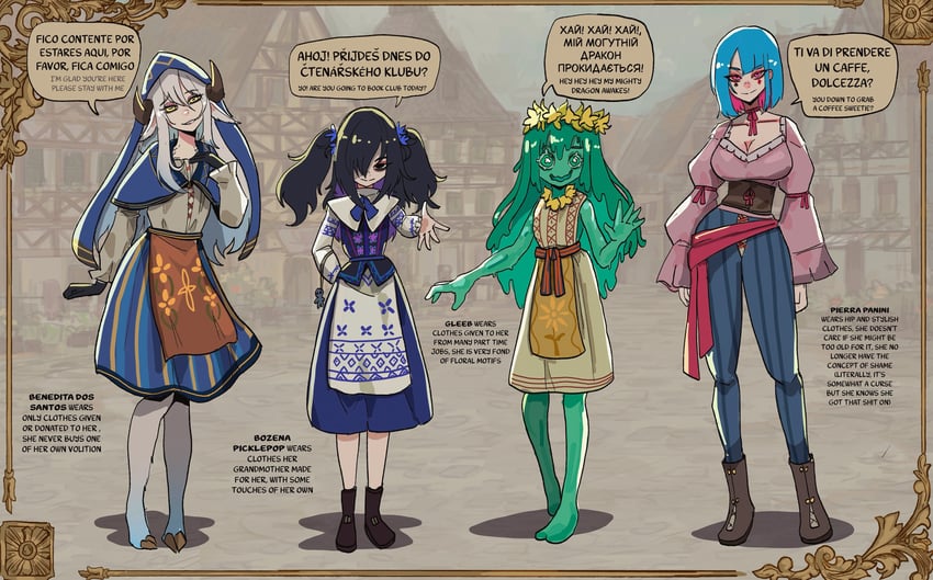 原创、benedita dos santos (basedbinkie)、bozena picklepop (basedbinkie) 4个女孩 兽耳 围裙 手放在身体两侧 眼袋