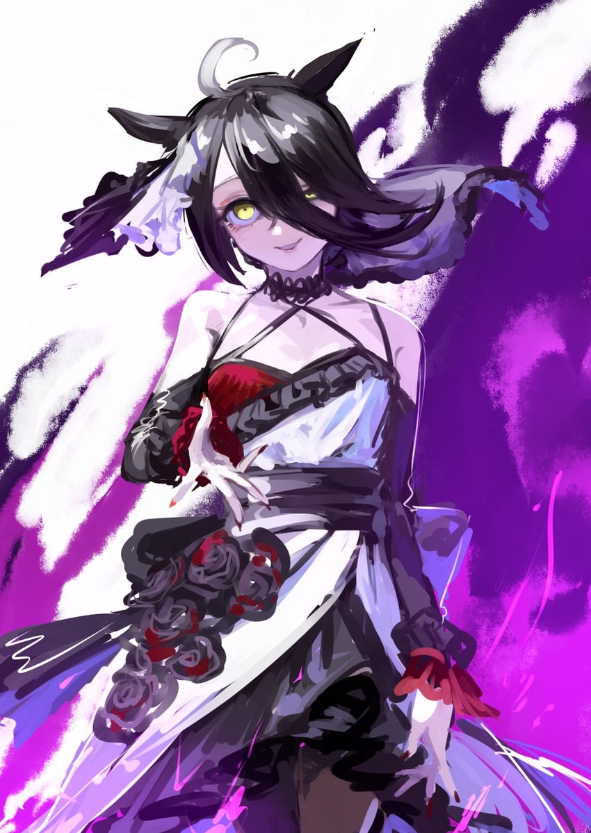 赛马娘、曼城茶座 (Mysterious Rose) (赛马娘)、曼城茶座 (赛马娘) 1名女孩 兽耳 露肩 黑发 黑色丝带