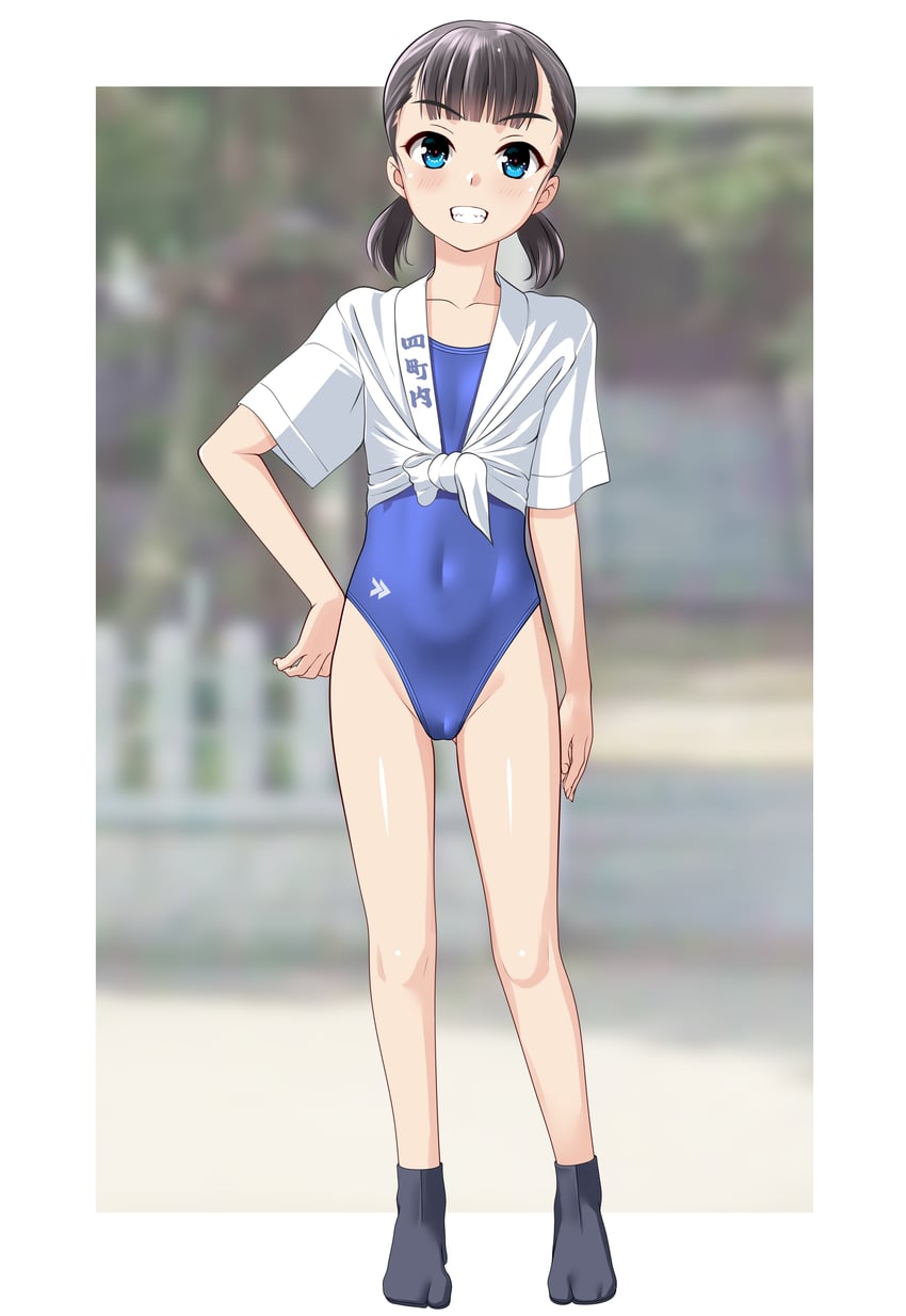 原创 1名女孩 黑发 蓝色连体泳衣 模糊 模糊背景