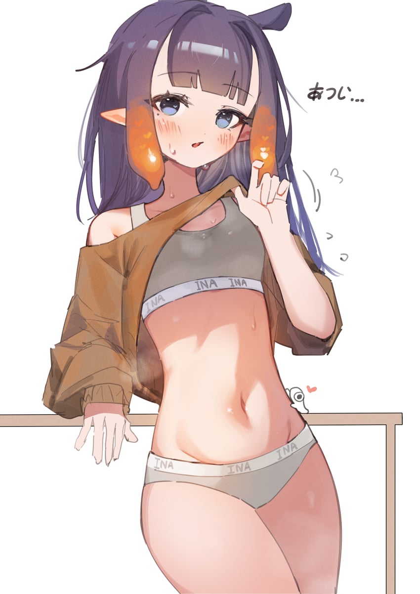 Hololive、Hololive英语、一伊那尔栖 1名女孩 画师本人 蓝眼 棕色毛衣 掀起衣服