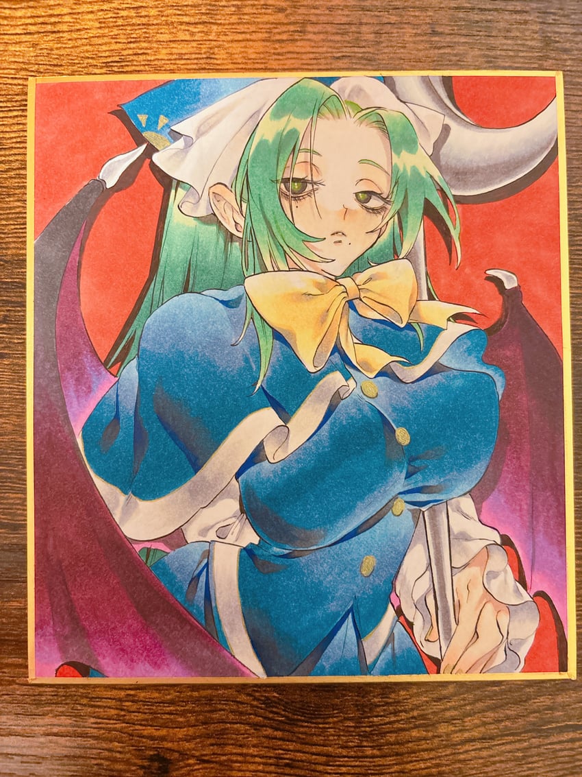 东方Project、东方Project (PC-98)、魅魔 (东方Project) 1名女孩 眼袋 蓝色小披肩 蓝色衬衫 蝴蝶结