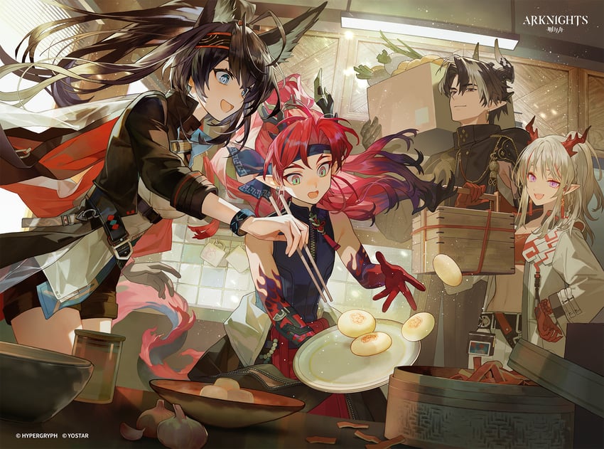 明日方舟、煌 (明日方舟)、煌 (烈焰铸就) (明日方舟) 2个男孩 2名女孩 兽耳毛 兽耳 呆毛