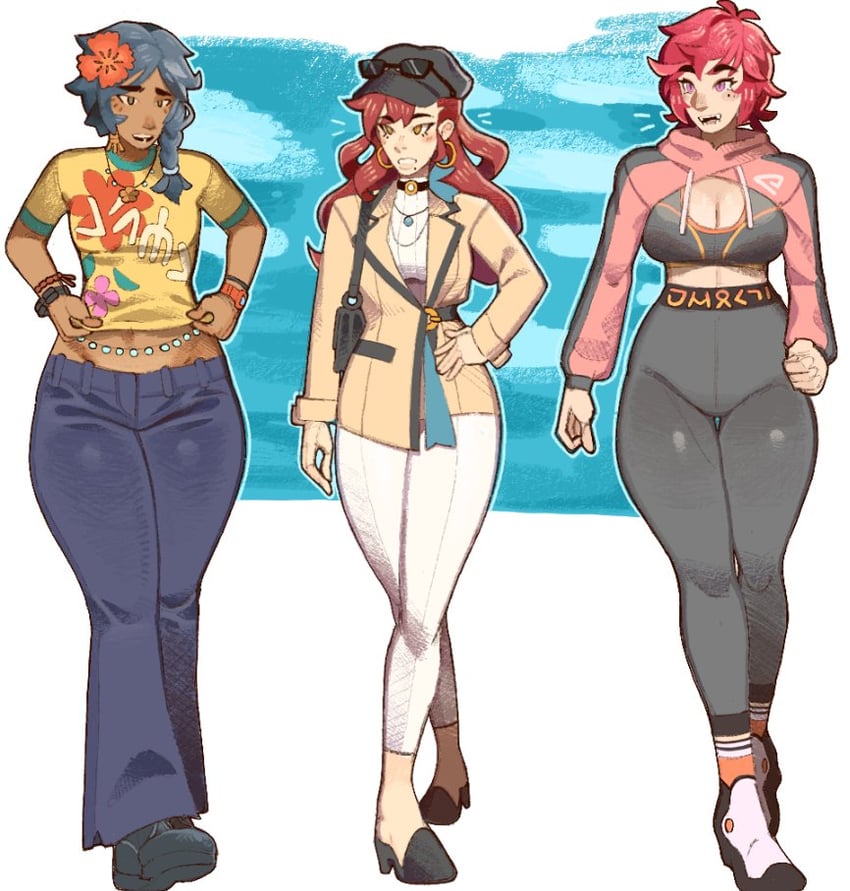 原创、诺拉 (Galaxykhy)、raine (condylonucla) 3人女子 包 蓝发 蓝色裤子 借用的角色
