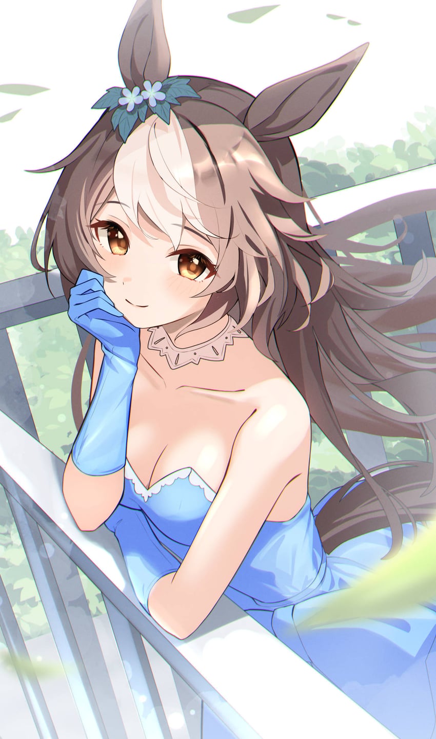 赛马娘、山宁泽飞 (赛马娘) 1名女孩 靠在栏杆上 兽耳 露肩 蓝色连衣裙