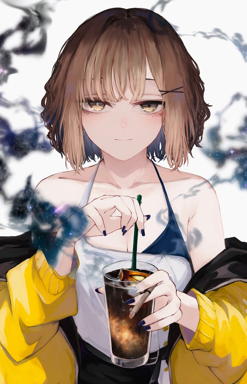 原创 1名女孩 露肩 腰带 腰带扣 黑裤子